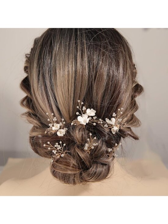 Women\'s Gold Rhinestone Crystal Handmade Bridesmaid Floral Pearl Hair Pins